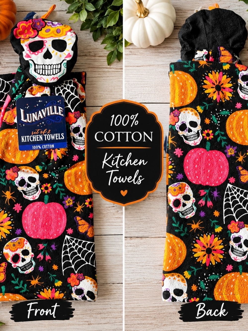 LUNAVILLE Halloween Kitchen Towel – 100% Cotton 💀🎃